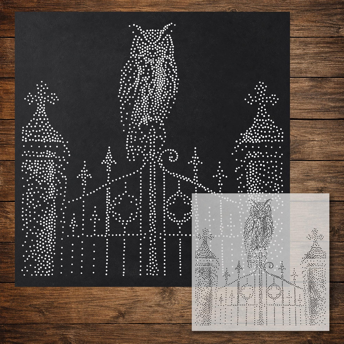 Owl on Gate Stencil reusable Mylar stencil, 300 x 300 mm
