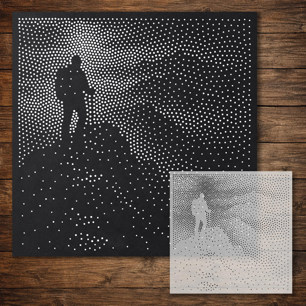 Hiker on Peak Stipple Art Stencil reusable Mylar stencil, 300 x 300 mm
