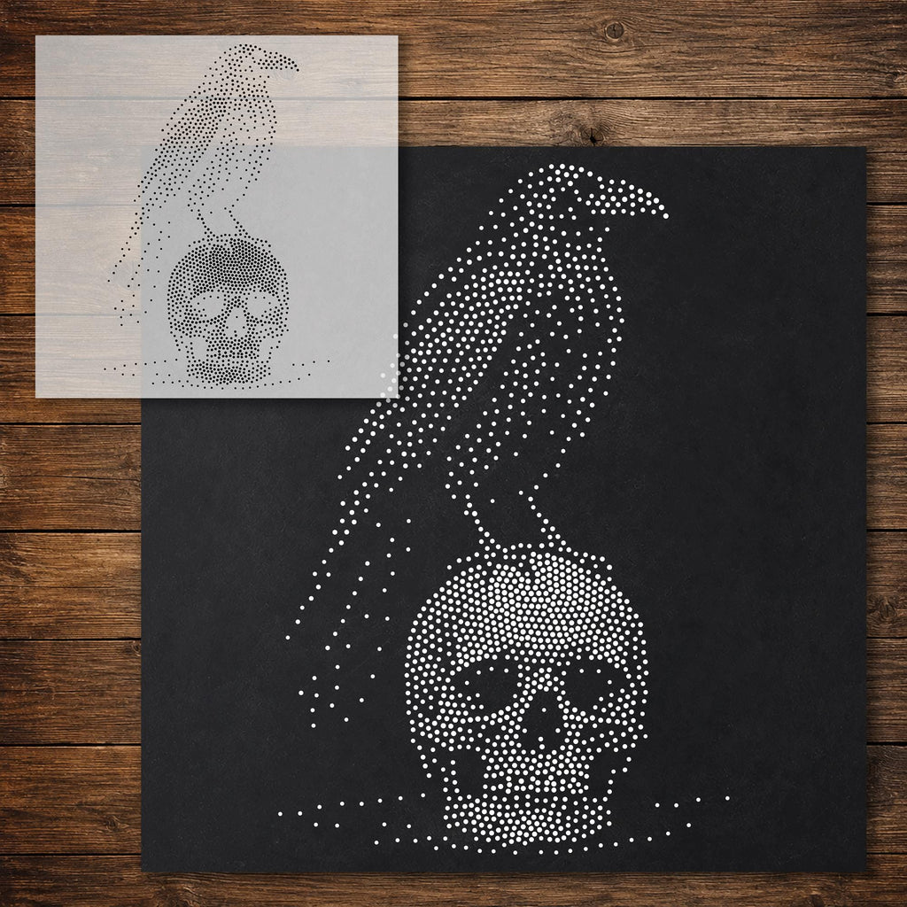 Raven on Skull Stencil reusable Mylar stencil, 300 x 300 mm