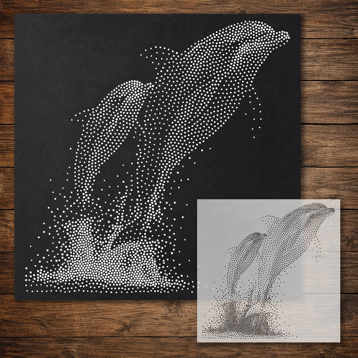 Dolphin with Calf Stipple Art Stencil reusable Mylar stencil, 300 x 300 mm