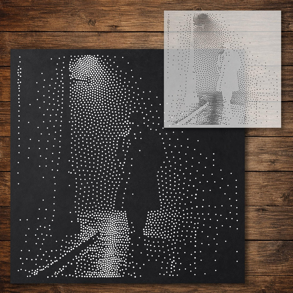 Noir Detective under Streetlamp Stipple Art Stencil reusable Mylar stencil, 300 x 300 mm