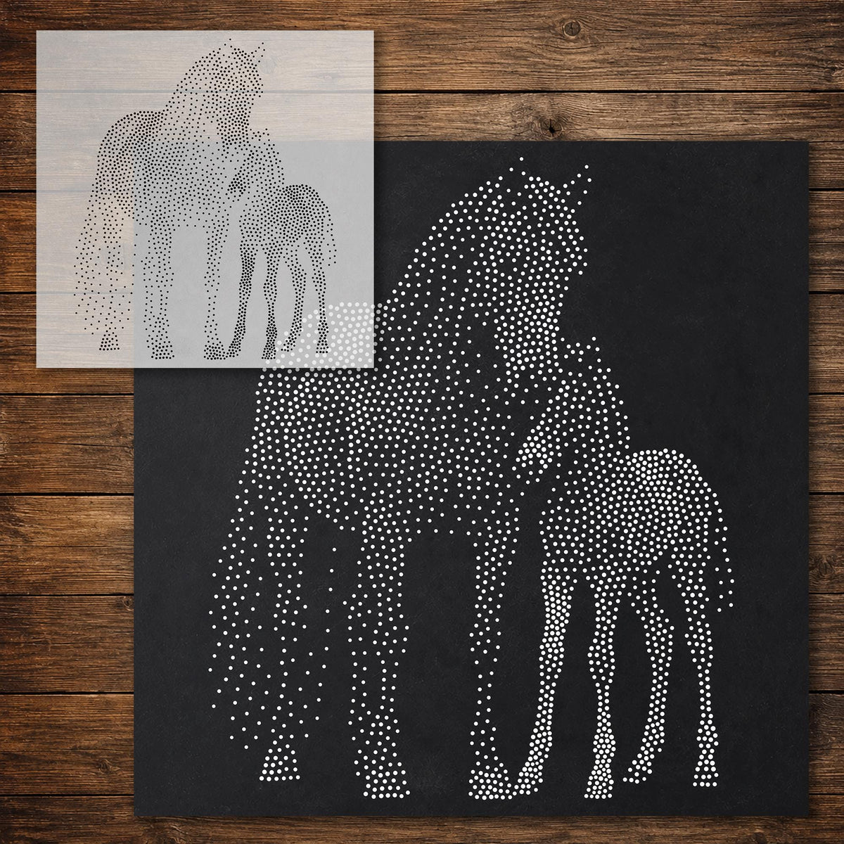 Horse with Foal Stipple Art Stencil reusable Mylar stencil, 300 x 300 mm