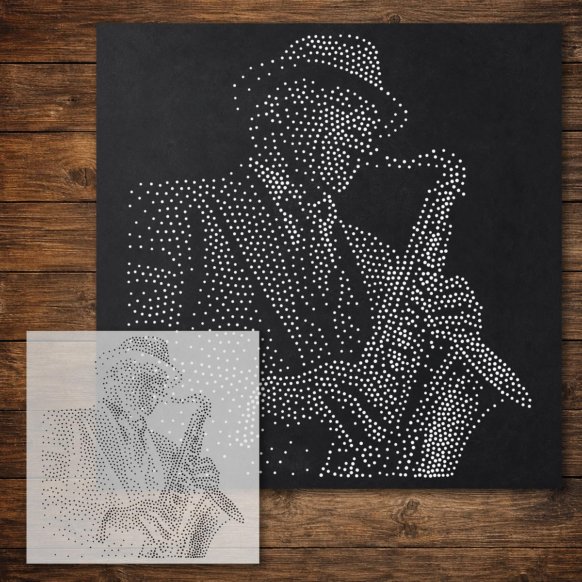 Saxophonist Stipple Art Stencil reusable Mylar stencil, 300 x 300 mm